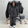 Print Hooded Puffer Coat Set Women Quilted High Neck Full Sleeve Zip Pockets Jacket Wide Leg Pants Winter Warm Sets
