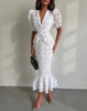 Women White Floral Print Puff Sleeve Blazer Collar Peplum Mermaid Midi Dress Elegant Casual Gown Bridesmaid Wedding Sundress