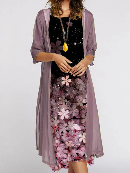 Europe and the United States autumn women's long dress two-piece set of floral print round neck suit petticoat