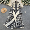 American European Style Women's Casual Elegant Pleated Dress Long Sleeve Printed Ankle Length Dress