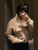 Women Camel Ribbed Knit Cardigan Zip Up High Collar Long Sleeve Cropped Sweater Flap Pockets Jacket Casual Autumn Outfits