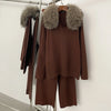 Reality Fur Jacket Pullover Set Woman Spring Knitted Suit Knitwear Female Real Fox Fur Collar Sweater Lady Autumn Knitted