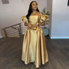 Puff Sleeve Elegant Dress for Women's Square Collar Gold Solid Pleated A-line Evening Party Cocktail Long Dresses