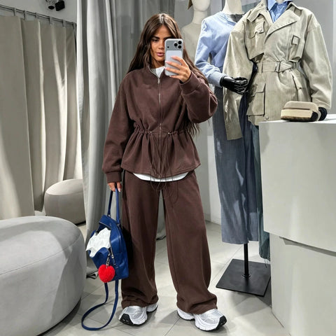 Women Casual Drawstring Waist Cinched Fleece 2 Piece Outfits Half Zip Stand Collar Sweatshirt Wide Leg Pants Set