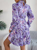 Elegant Mock Neck Belted Ruffle Hem Floral Print Dress For Spring & Fall, Women's Clothing