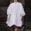 Women's White Stand Collar Pleated Mini Dresses Long Puff Sleeves Buttoned Oversized Casual Cotton Shirts Dress
