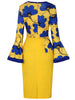 Women Long Sleeves Ethnic Floral Print Round Neck Autumn Knee Length Bodycon Dress Casual Commuter Party Pencil Dress
