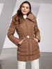 Women's Winter Jacket Hooded Belt Long Parkas Warm Padding Puffer Plaid Quilted Coat Down Jacket Thick Snow Wear