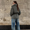 Women Brown Drawstring Waist Puffer Jacket Stand Collar Warm Cotton Padded Coat Casual Oversized Winter Parka Outerwear
