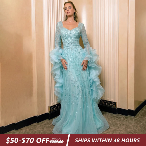 Plus Size Long Sleeve Evening Dress Arabic Women's Beaded Tiered Ruffles Elegant Party Gowns SS410 Customized