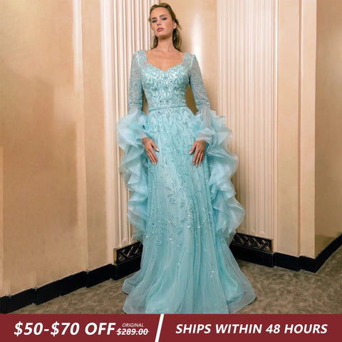 Plus Size Long Sleeve Evening Dress Arabic Women's Beaded Tiered Ruffles Elegant Party Gowns SS410 Customized