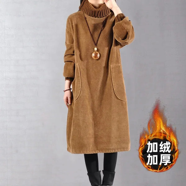 Knit High Neck Velvet Plus Long Corduroy Dress Female Pocket Dress SPring Autumn Dress Women's Long Knitted Dress Female Pullove