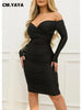 Women Off Shoulder V-neck Ruched Stacked Bodycon Midi Dress Autumn Winter Long Sleeve Party Club Prom Vestidos