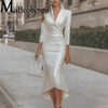 Women Maxi Satin Dress Solid Draped Dress Silk V-Neck Long Sleeve Evening Party Office Lady Midi Dresses Sexy Chic Robes