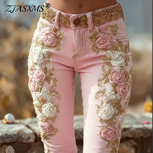 Romantic Pink Rose Flower Print Jeans Vintage Elegant Buttoned Women's Pants Autumn High Waist Slim Chic Trousers Harajuku Mujer