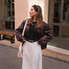 Vintage Wine Red Loose Short Leather Jacket Women Lapel Long Sleeves Zipper Cropped Coat Autumn Lady Street Outwear