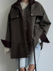 Drawstring Waist Windbreaker Jacket Women Contrast Collar Flap Pockets Long Sleeve Zip Up Coat Autumn Casual Loose Jackets