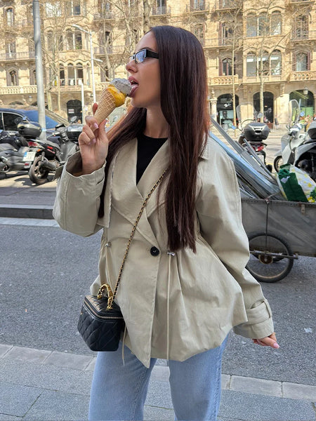Women's Spring Retro Adjustable Waist Lapel Short Trench Coat Female High Street Casual Long Sleeve Windbreaker Mujer