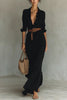 Women's Solid Holiday Party Dress Elegant Lapel Button Draped Long Dress Casual Long Sleeve Match With Belt Shirt Dress