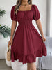 Solid Puff Sleeve Square Neck Ruched Bust Ruffle Hem Wasit Dress, Women's Clothing