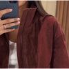 Solid Faux Suede Jackets Women's Stand Collar Full Sleeves Zip Cropped Coat Autumn Winter Lady Casual Outerwear
