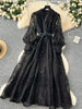 Spring Autumn French Women's Dress Lace Embroidery V-neck Lantern Sleeves Single Breasted Party Birthday Dress C192