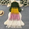 Tassel Patchwok Color Block Dress for Women Pleated Puff Sleeve Mid-calf Dresses Female Autumn