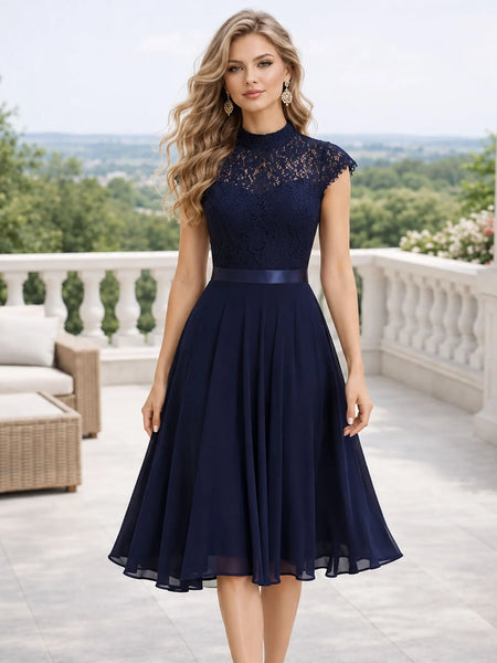 Womens Lace High Neck Cap Sleeve Cocktail Knee Length Solid Color With Satin Waist Belt Formal Wedding Party Dress