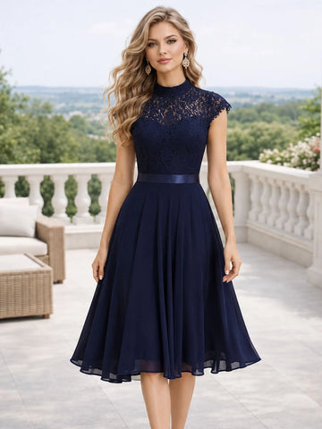 Womens Lace High Neck Cap Sleeve Cocktail Knee Length Solid Color With Satin Waist Belt Formal Wedding Party Dress