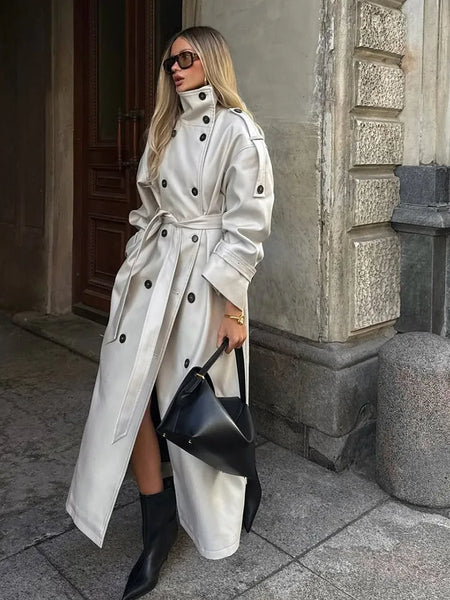 Autumn Beige Lapel Long Trench Coats With Belt Double Breasted Loose Women Windbreaker Winter Female Overcoat
