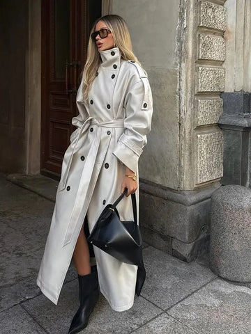 Autumn Beige Lapel Long Trench Coats With Belt Double Breasted Loose Women Windbreaker Winter Female Overcoat