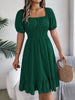 Solid Puff Sleeve Square Neck Ruched Bust Ruffle Hem Wasit Dress, Women's Clothing