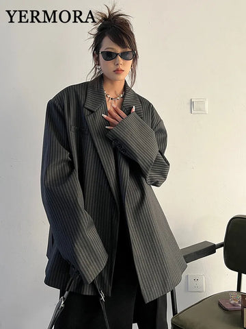 Gray Striped Vintage Blazer For Women Lapel Long Sleeve Loose Fit Basic Jacket Spring Autumn A52