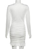 Chic Knot Dress Women V-Neck Long Sleeve Ruched Ruffled Hem Skinny Solid Elegant Birthday Simple Classic Mini Bodycon