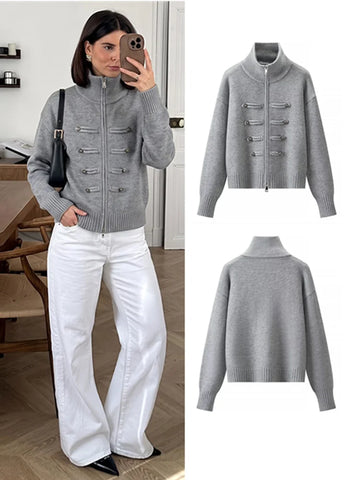 Casual Women's Cardigan Sweater Turtleneck Zippers Full Sleeve Button Decoration Lady Coats Autumn Female Knitwear