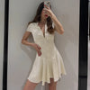 Casual Pleated Women's Dress Solid Long Sleeve O-Neck Waist-Closed Lace-Up Dresses Chic Female Vacation Holiday Robe