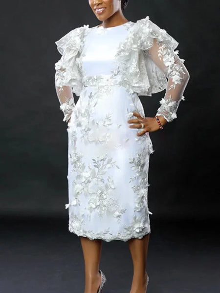 White Appliques Flower Dress Women Embroidery Midi Dresses Elegant Ruffles Tulle Long Sleeve Birthday Wedding Outfits