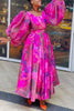 Elegant Plus Size Women's Maxi Dresses Floral Print Chiffon Puff Sleeve Round Neck Loose Ankle Length Boho Party Long Dresses