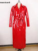 Spring Autumn Long Waterproof Shiny Reflective Black Patent Leather Cocoon Coat Women Sashes Designer Clothes