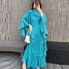 Ruffle Sleeves Pleated Dress For Women Lapel Solid Color Maxi Style Loose Elegant Clothing Spring 2DA2766