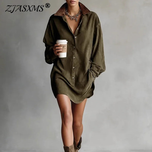French Contrast Lapel Button Shirt Dress Woman Retro Solid Suede Loose Mini Short Dress Autumn Long Sleeve Pocket Pullover Dress
