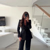 Women's Black Blazer Pants Set With Feather Cuffs Lapel Long Sleeve Button Jacket Wide Leg Pants Lady Chic Outfits