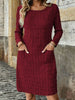Fall Women Plus Size Midi Dress, Solid Round Neck Long Sleeve Casual Dress with Pockets, Loose Daily Wear Dress for Ladies