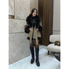 Retro Solid Fur Patchwork Woolen Coats Women Chic Full Sleeve V-neck Lace Up Loose Overcoat Lady Winter Commute Outwear
