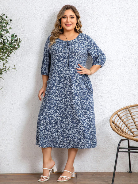 Plus Size Women's Blue White Floral Dress Tie Round Neck 3/4 Sleeve Loose