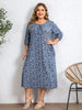 Plus Size Women's Blue White Floral Dress Tie Round Neck 3/4 Sleeve Loose
