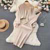 Winter Women Knitted Sets Breading Long Sleeve Pearl Sweater+Knitted Camis Dress Sets Sweater Suits