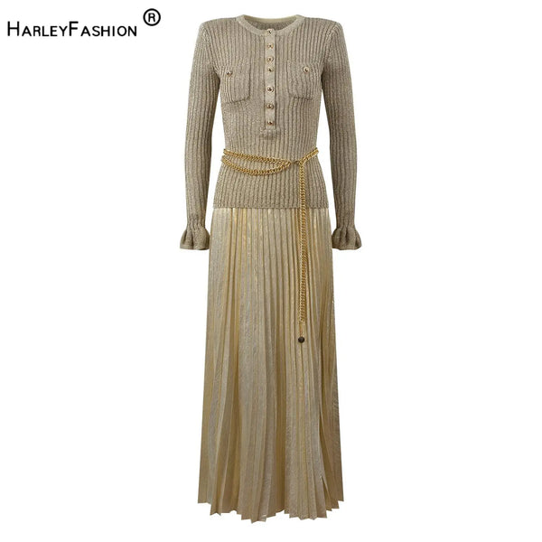 Winter in Stock Autumn Lady Stylish Fake 2Pcs Designed O-neck Long Sleeve Women Knit Pleated Dress With Waist Chain