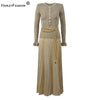 Winter in Stock Autumn Lady Stylish Fake 2Pcs Designed O-neck Long Sleeve Women Knit Pleated Dress With Waist Chain