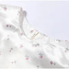 Women's White Floral Print Puff Sleeve Dress With Waistband Satin Ruffled Hem Maxi Dress Lady Elegant Party Robes